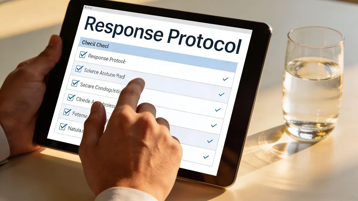 A person interacting with a digital tablet displaying a response protocol checklist during business activities.