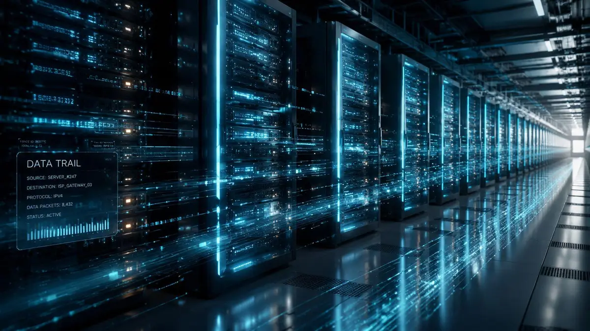 A server room visualization showing data packets streaming across glowing computer server racks in a data center.