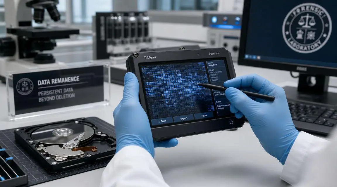 A forensic technician in gloves analyzes digital data remanence on a specialized tablet in a laboratory.