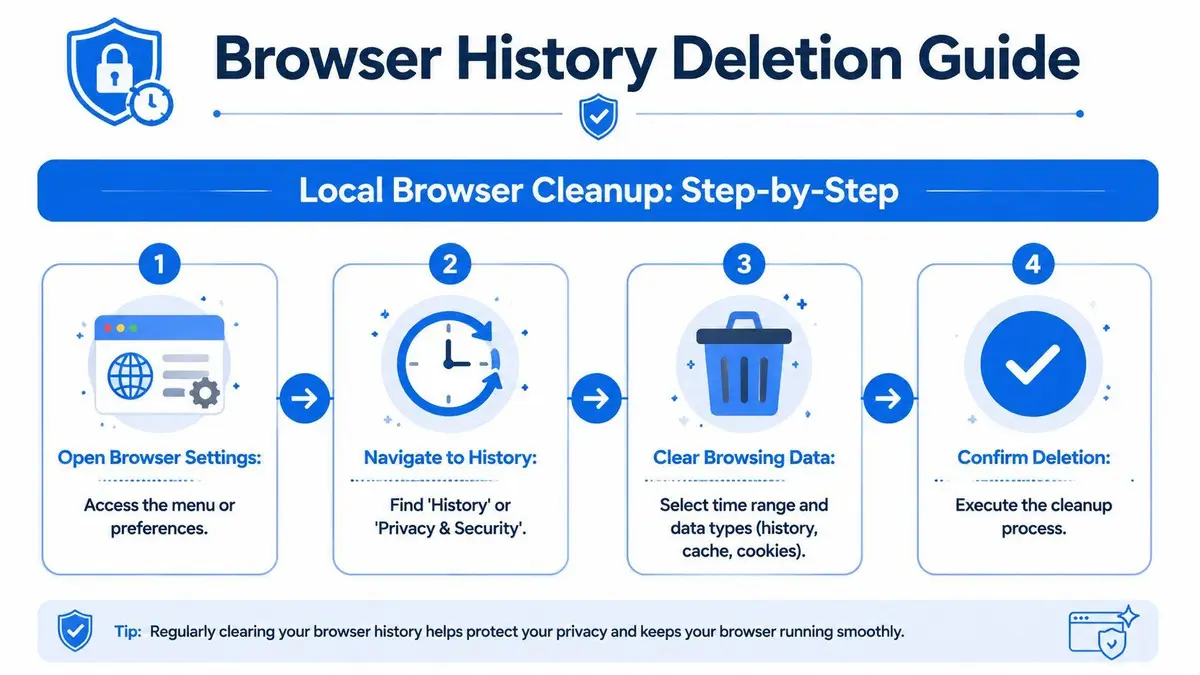 A four-step infographic guide explaining how to clear browser history, cache, and cookies for improved privacy.