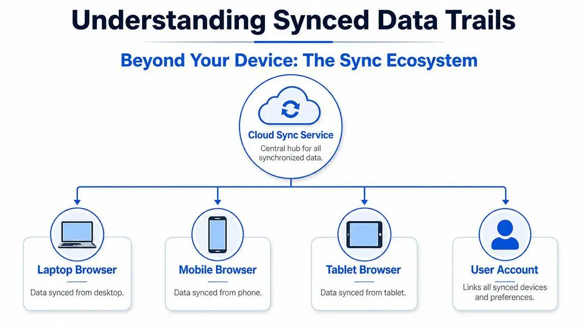 A diagram illustrating how a central cloud sync service connects data across laptops, mobile, tablets, and user accounts.