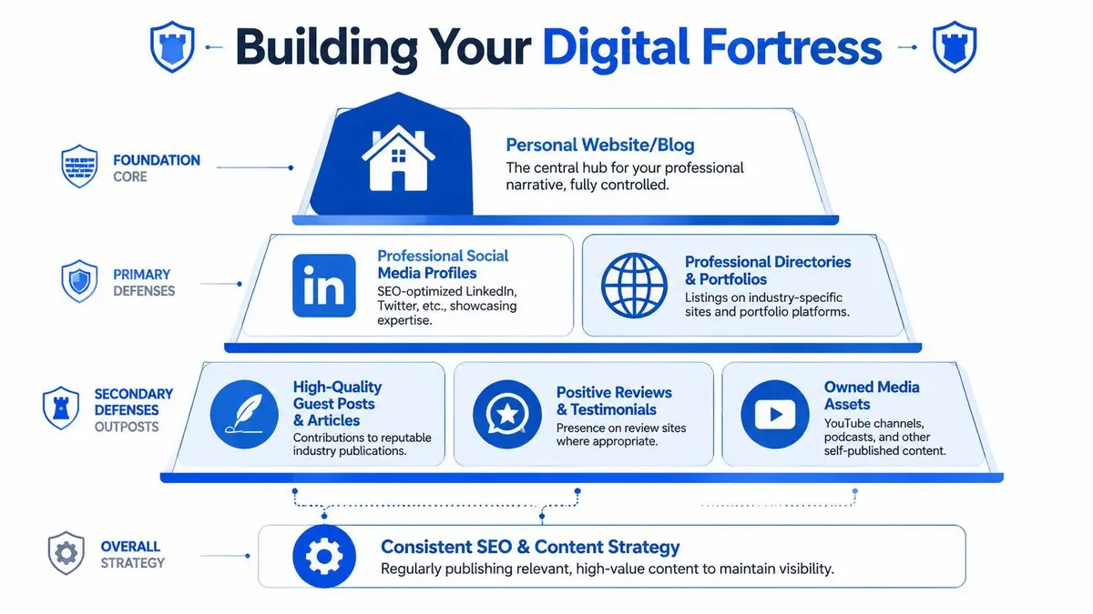 A hierarchical infographic titled Building Your Digital Fortress showing levels of online presence strategies from foundation to overall strategy.