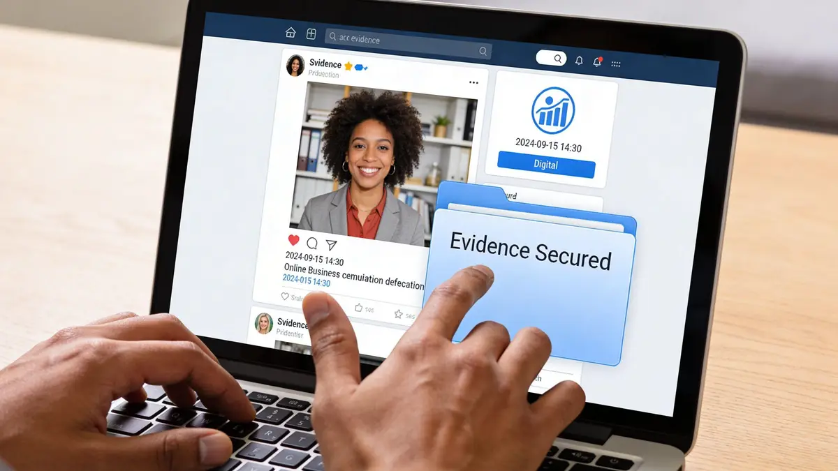 A person uses a laptop to digitally secure evidence of online business defamation on social media.