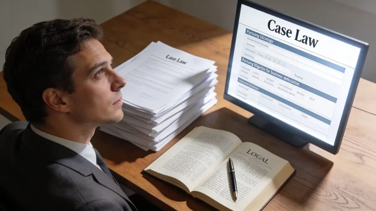 A professional man in a suit looking at a computer screen displaying case law documents at his desk.