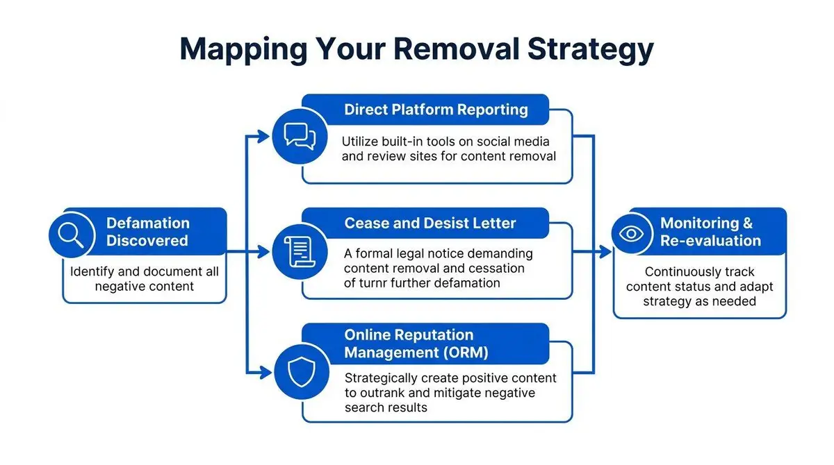 A flowchart diagram illustrating strategies for removing online business defamation including reporting, legal letters, and management.