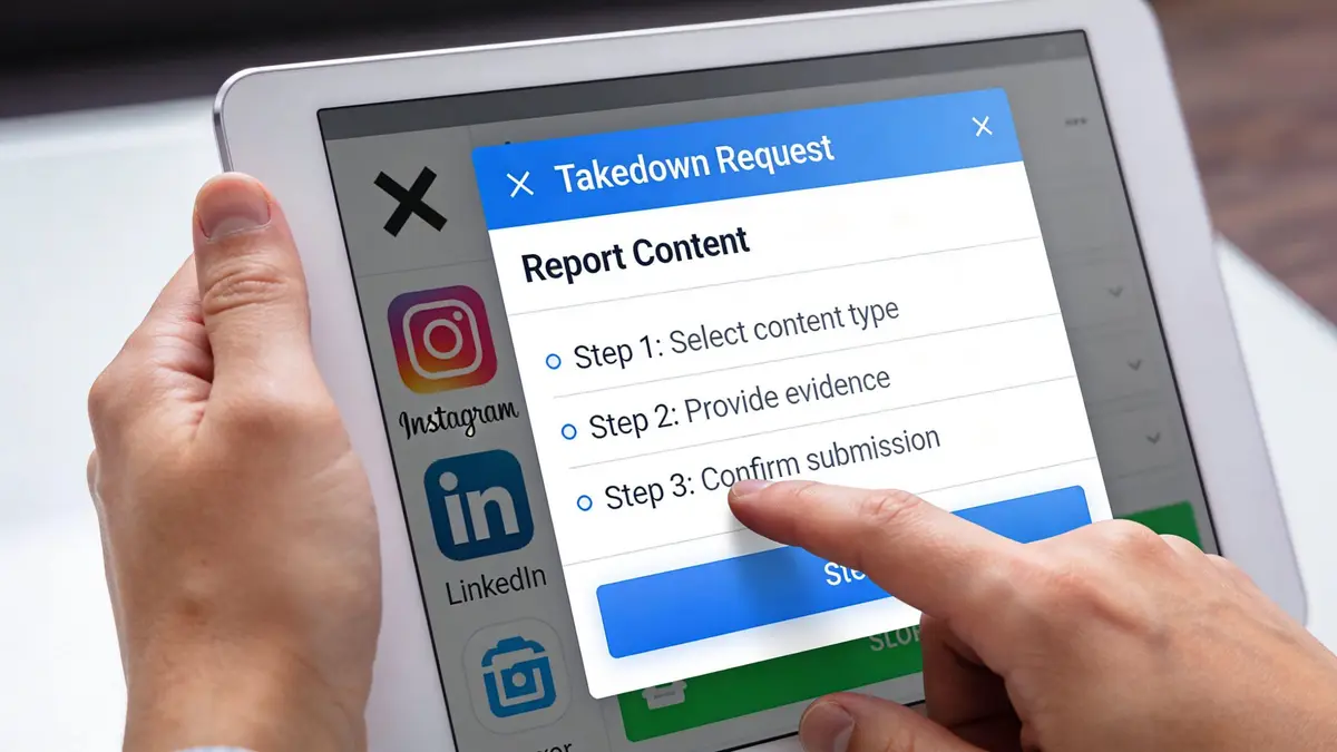 A person using a tablet to submit an online content takedown request form for digital business protection.