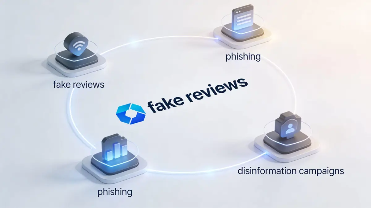 A conceptual diagram showing a central fake reviews label connected to four cybersecurity icons representing various online threats.