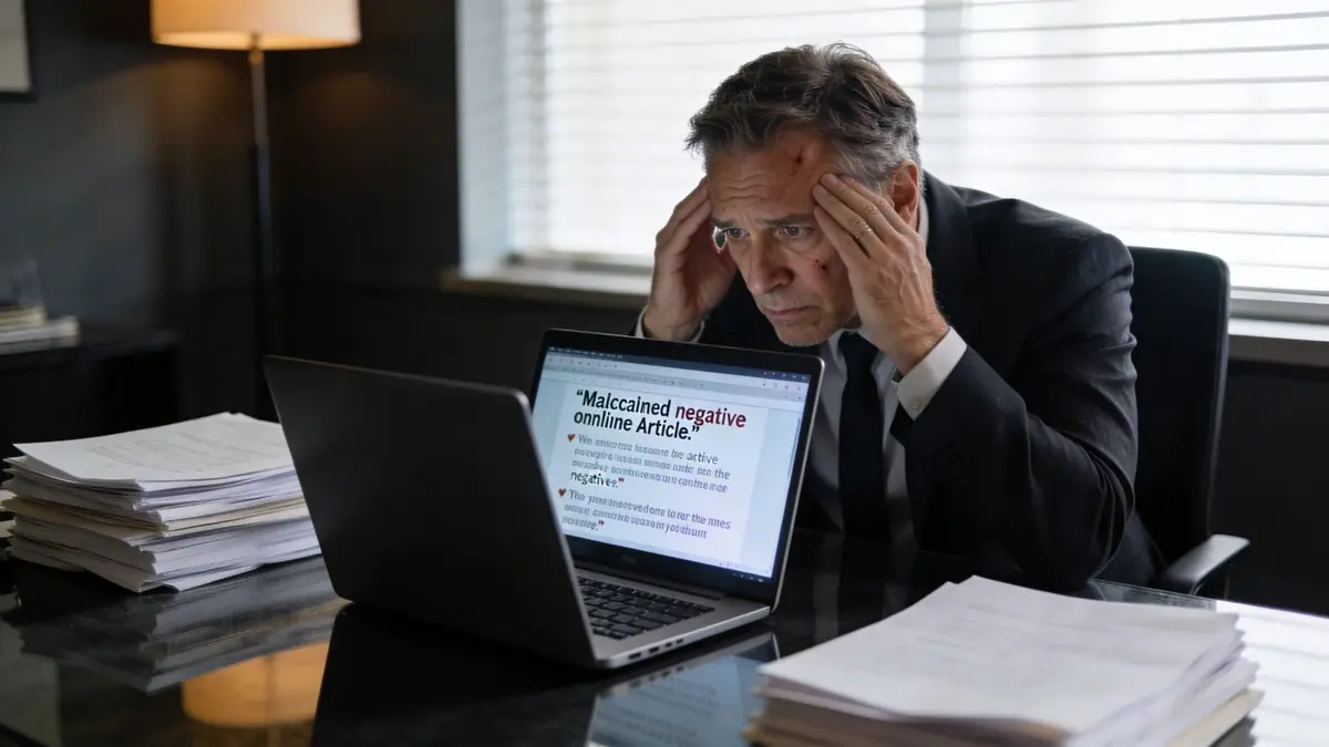 A stressed businessman with a head injury reviewing negative online articles on his laptop in an office.