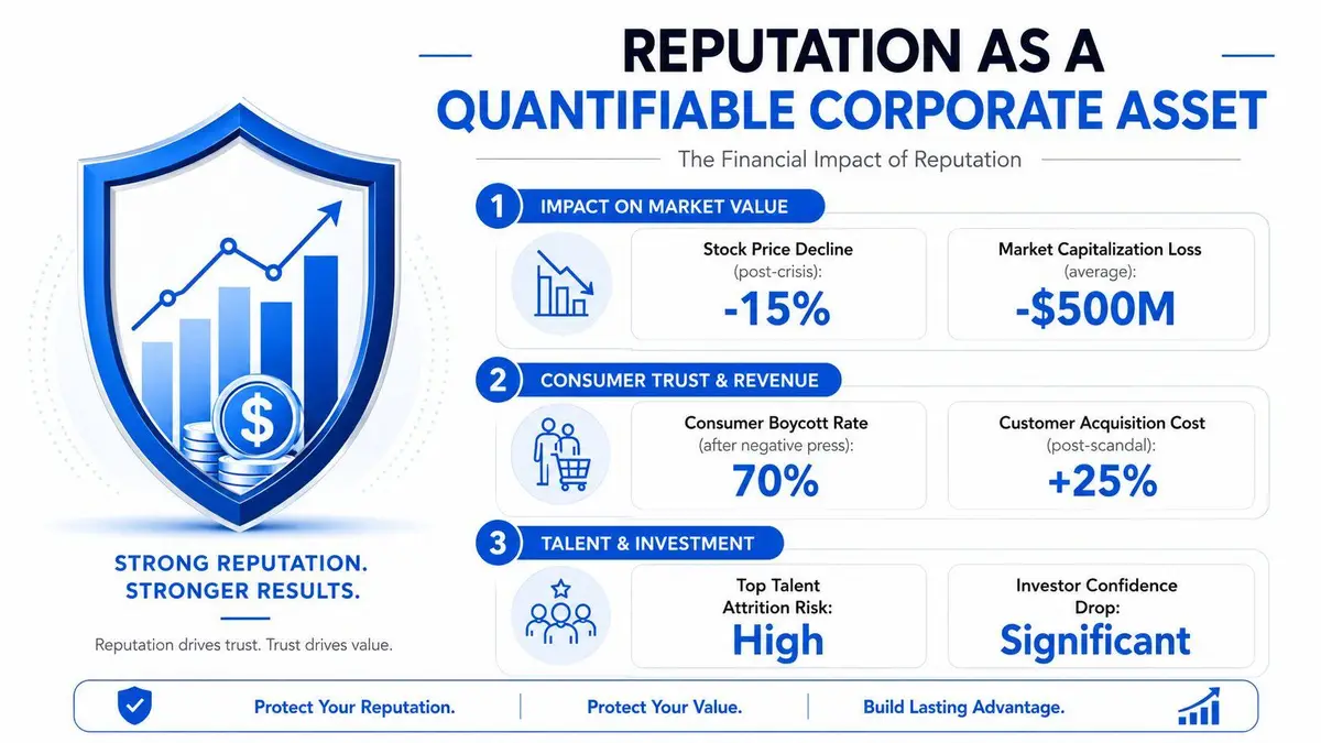 An infographic showing how corporate reputation impacts market value, consumer trust, and talent retention.