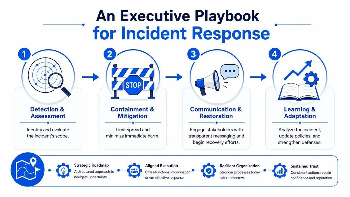 A four-step executive playbook for incident response illustrated with icons representing assessment, containment, communication, and learning.
