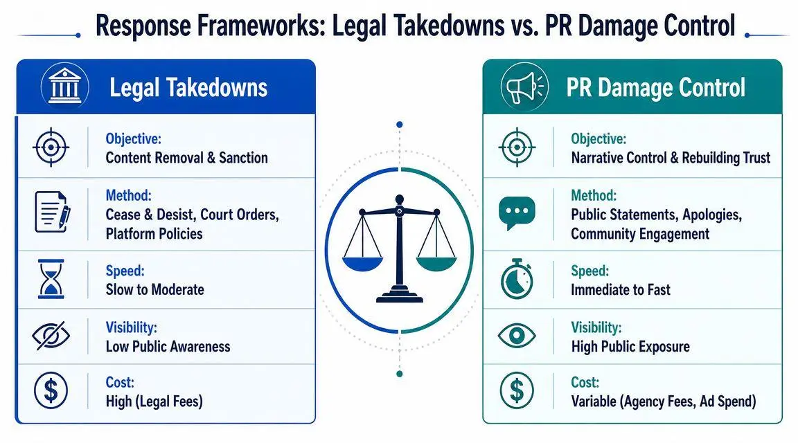 A comparison chart outlining the differences between Legal Takedowns and PR Damage Control response frameworks.