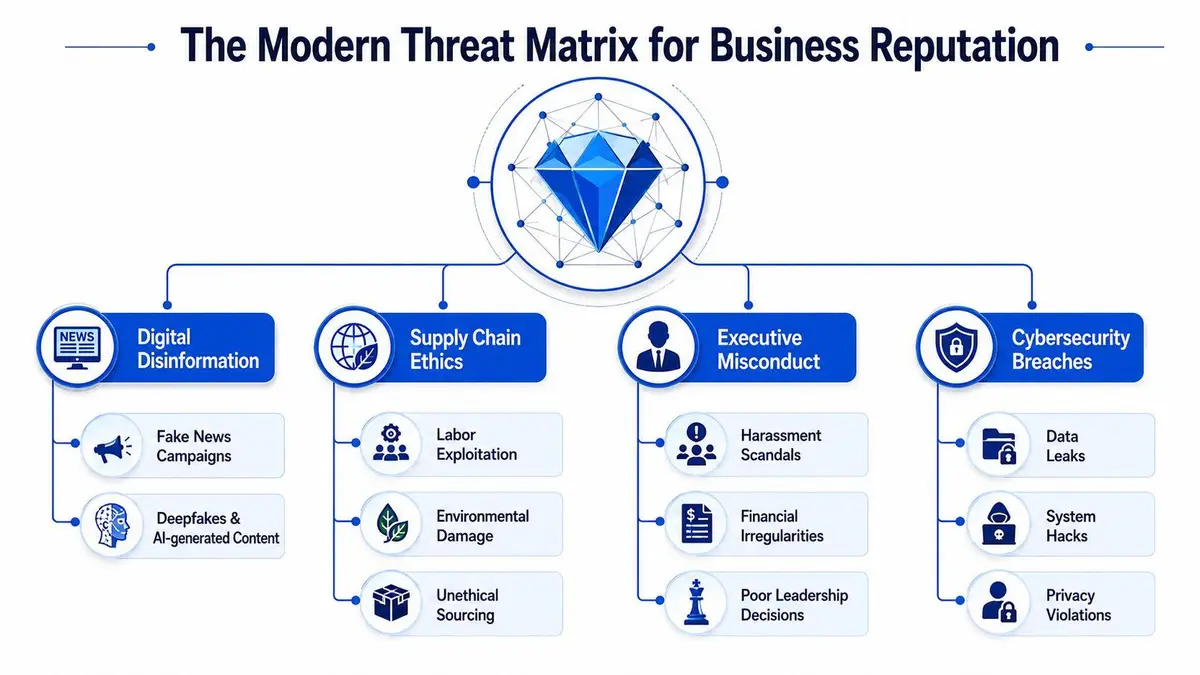 A diagram titled The Modern Threat Matrix for Business Reputation showing four categories of corporate risks.