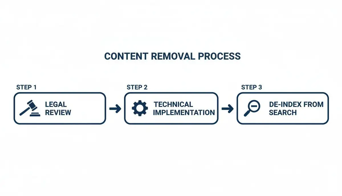 Flowchart illustrating the three-step content removal process: legal review, technical implementation, and de-indexing from search.