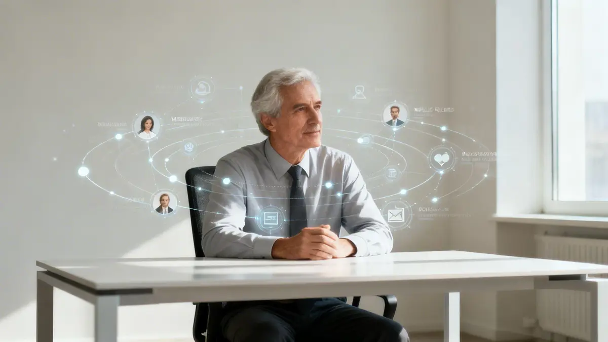 An older man sits at a desk, surrounded by a holographic network of people and data.