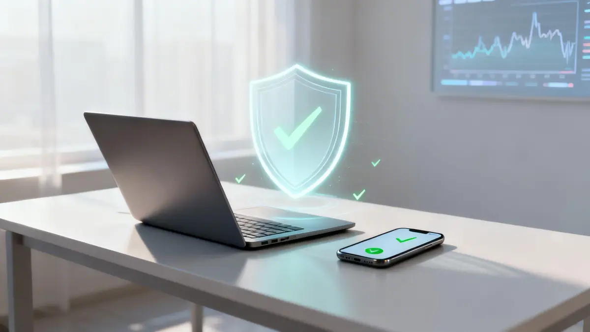A laptop and smartphone on a white desk, glowing with digital security shield and checkmarks.