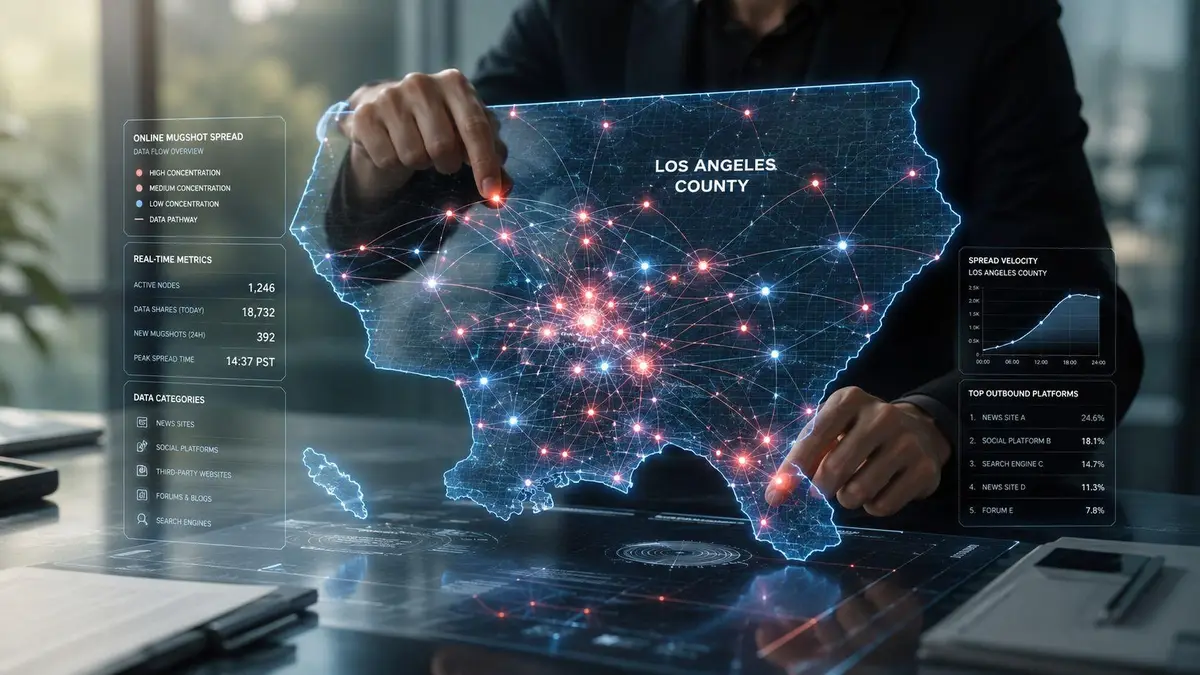 A professional analyzing a digital interactive map of Los Angeles County showing real-time data spread analytics.
