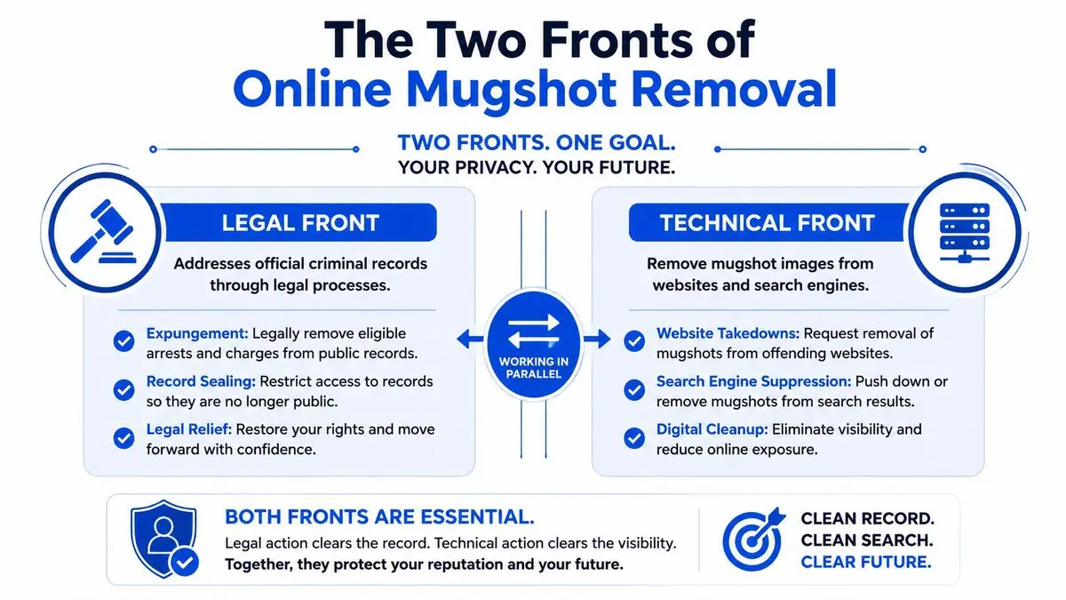 An infographic detailing the two approaches to online mugshot removal: legal processes and technical digital solutions.
