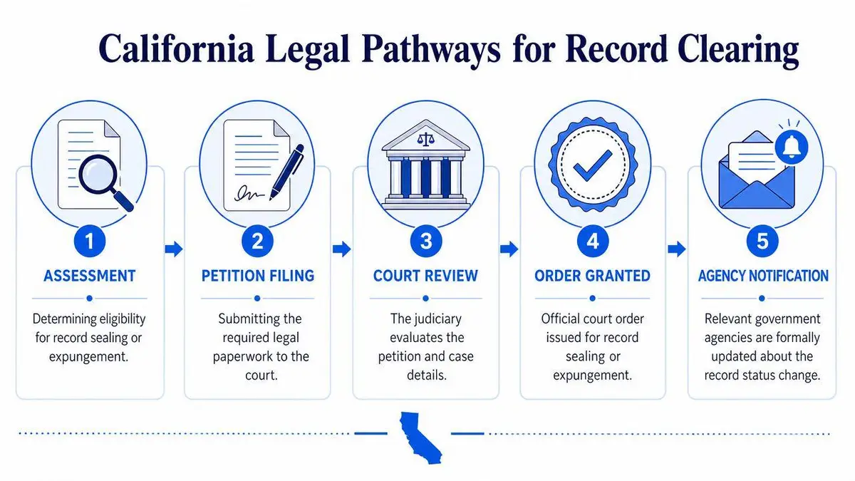 A five-step flowchart explaining the California legal process for clearing criminal records and expungement.