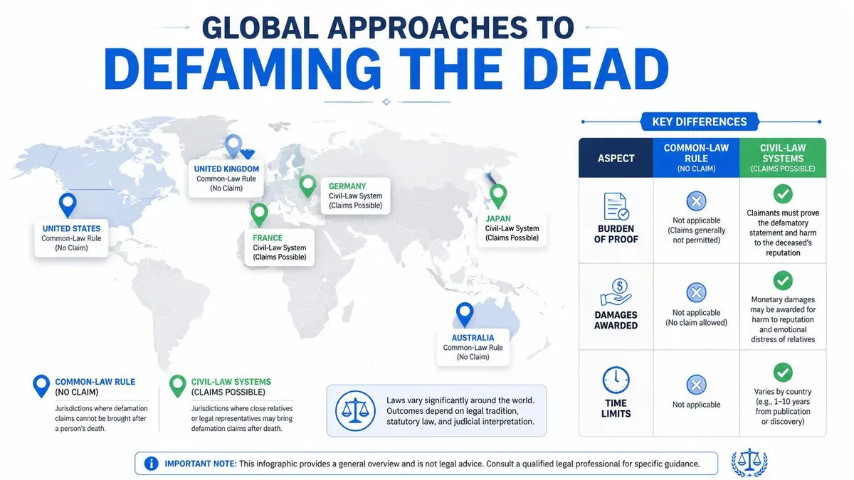 A map infographic showing how different global legal systems handle defamation claims regarding deceased individuals.
