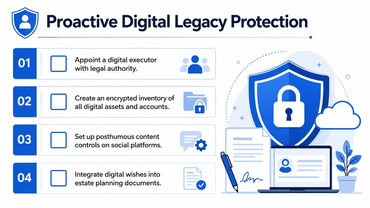 A list of four steps for proactive digital legacy protection, including appointing an executor and securing assets.