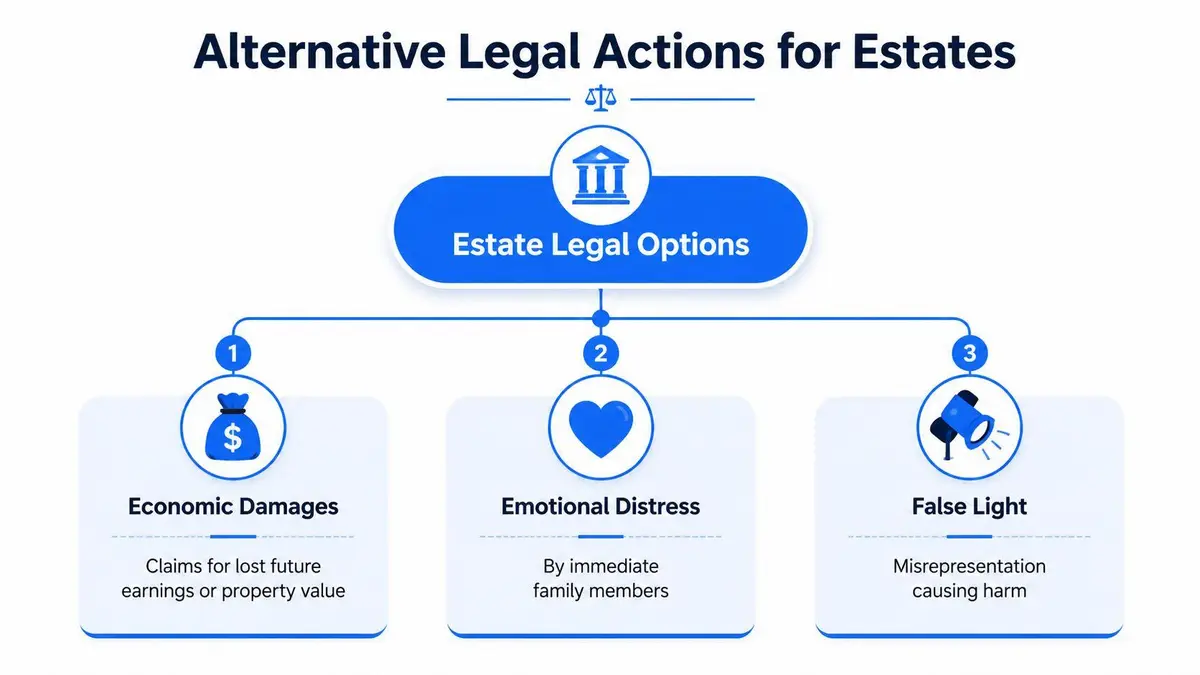 An infographic titled Alternative Legal Actions for Estates listing options like economic damages, emotional distress, and false light.