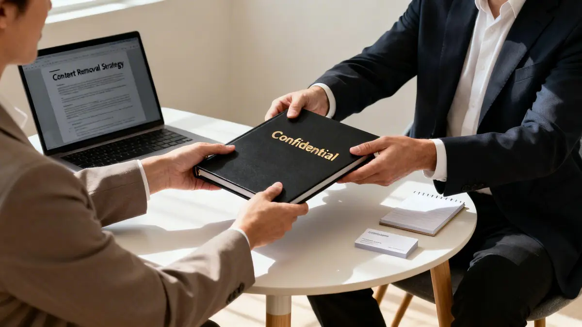Two business people exchange a confidential document during a meeting, with a laptop showing a content strategy.