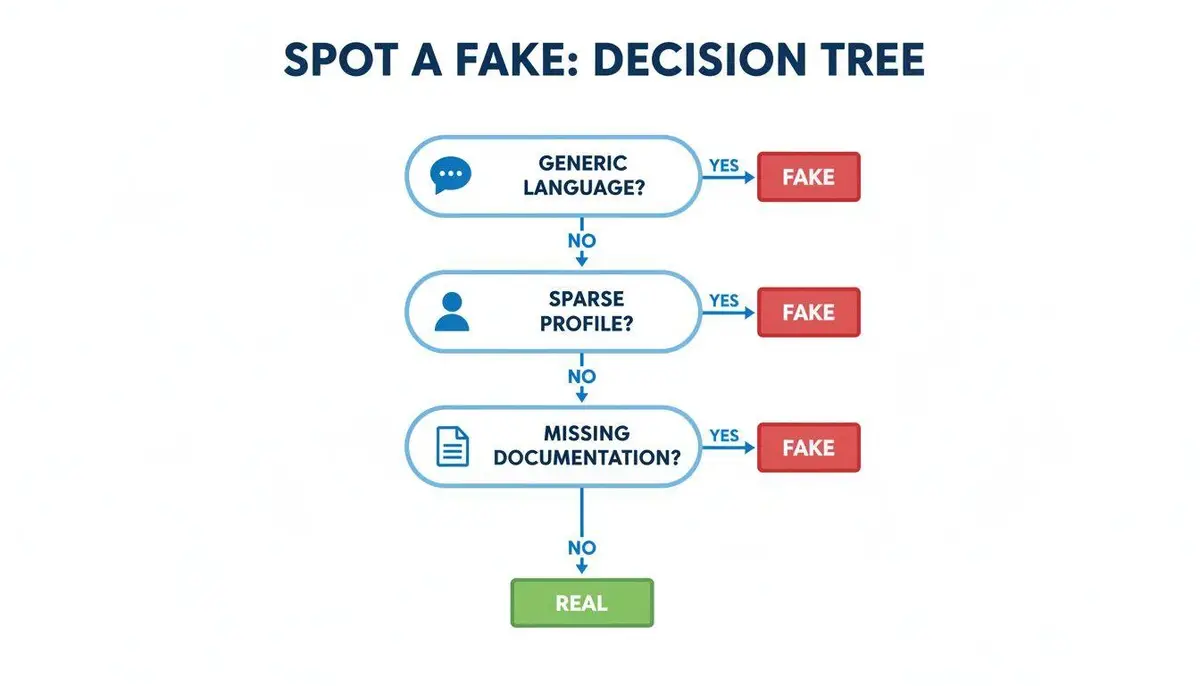 A decision tree flow chart for spotting a fake based on language, profile, and documentation.