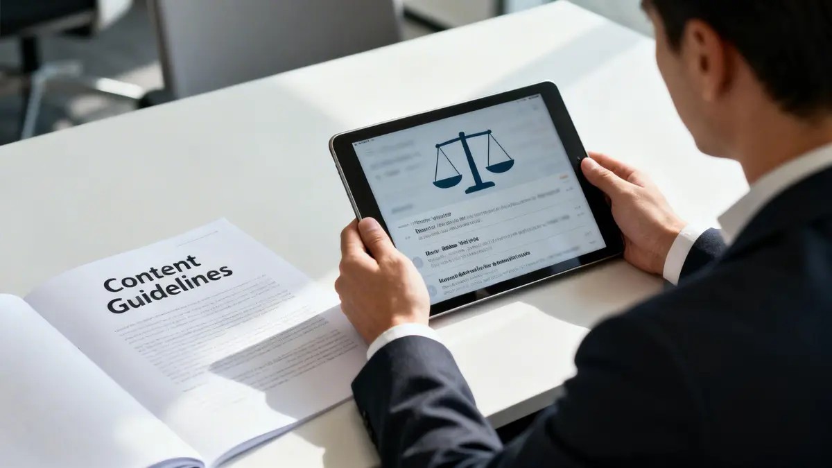 Professional reviews legal content guidelines on a tablet, with a book titled 'Content Guidelines' on a white desk.