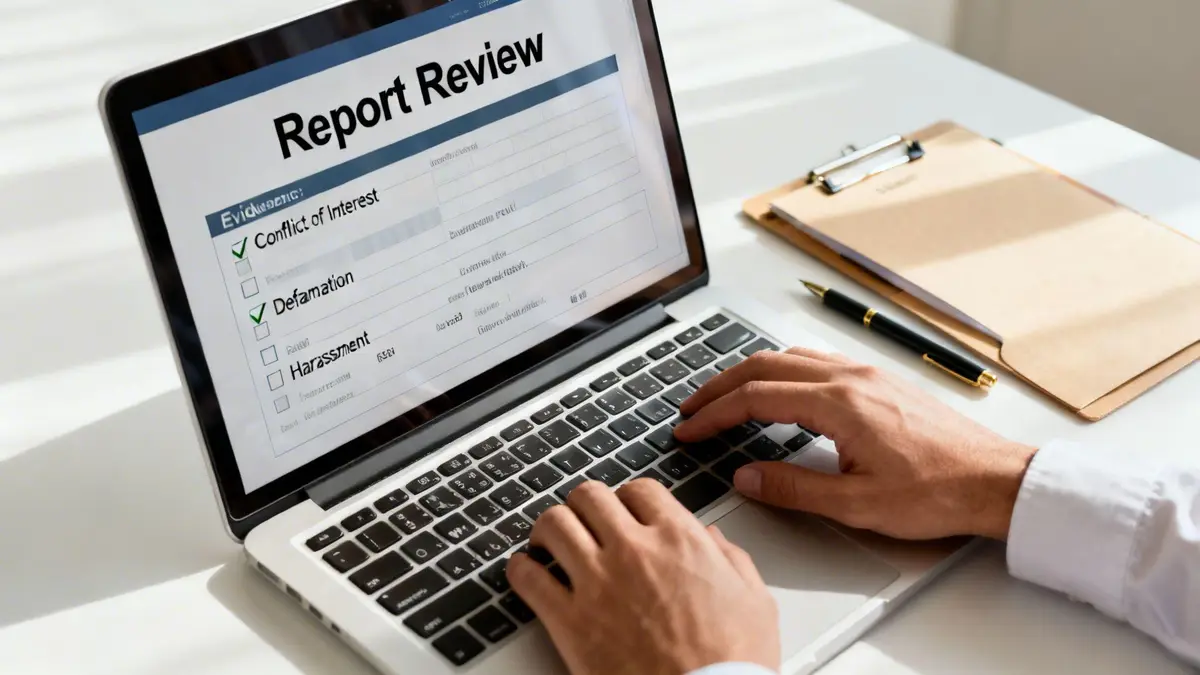 Hands typing on a laptop screen displaying a 'Report Review' form with 'Defamation' checked.