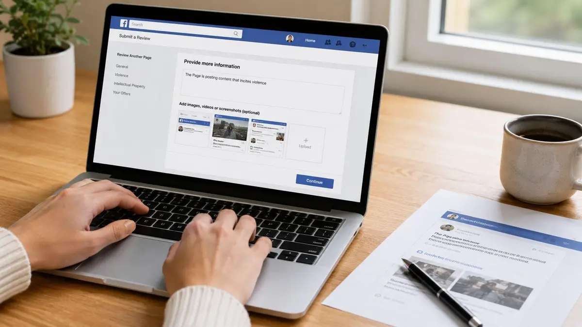 A person sitting at a desk typing a report of a harmful Facebook page on a laptop.