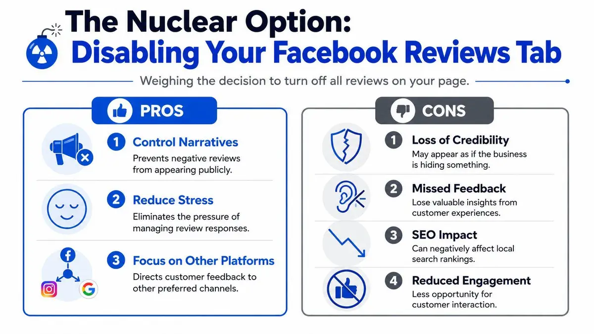 An infographic titled The Nuclear Option displaying the pros and cons of disabling Facebook business page reviews.