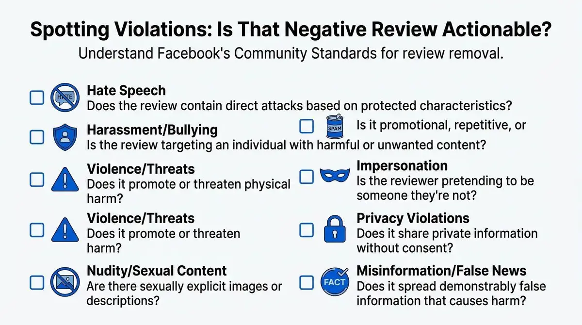 A checklist infographic outlining Facebook community standards for identifying and removing actionable negative business reviews.