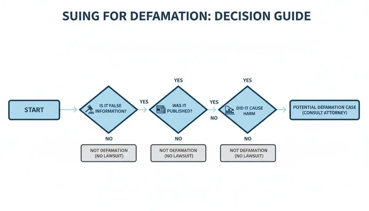 A flowchart titled 'Suing for Defamation: Decision Guide' outlining criteria for a potential defamation case.