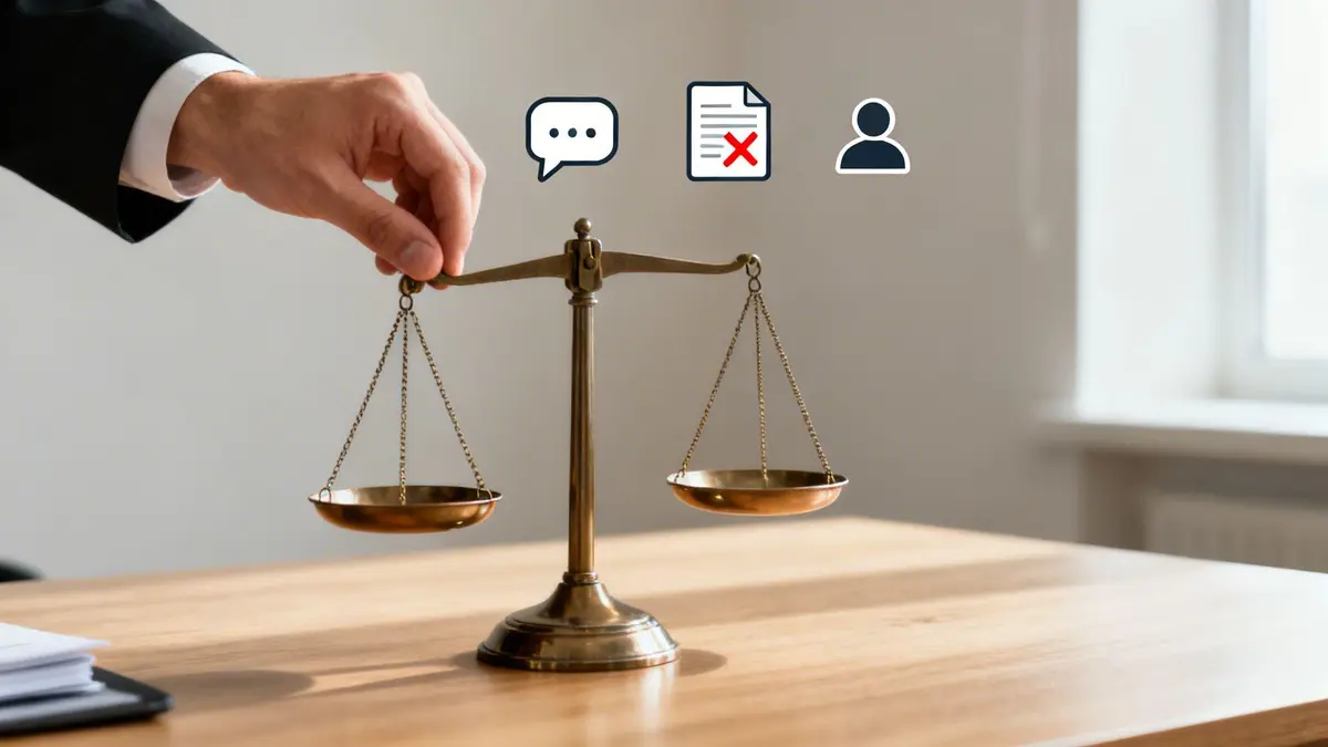 A hand holding a legal scale with icons representing chat, a rejected document, and a person, symbolizing defamation law.