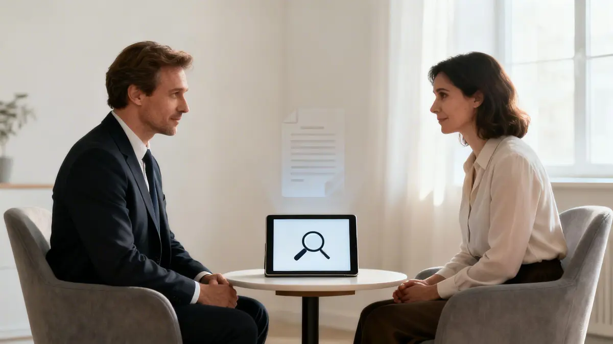 Two professionals discuss legal matters, with a tablet displaying a magnifying glass and document icon.