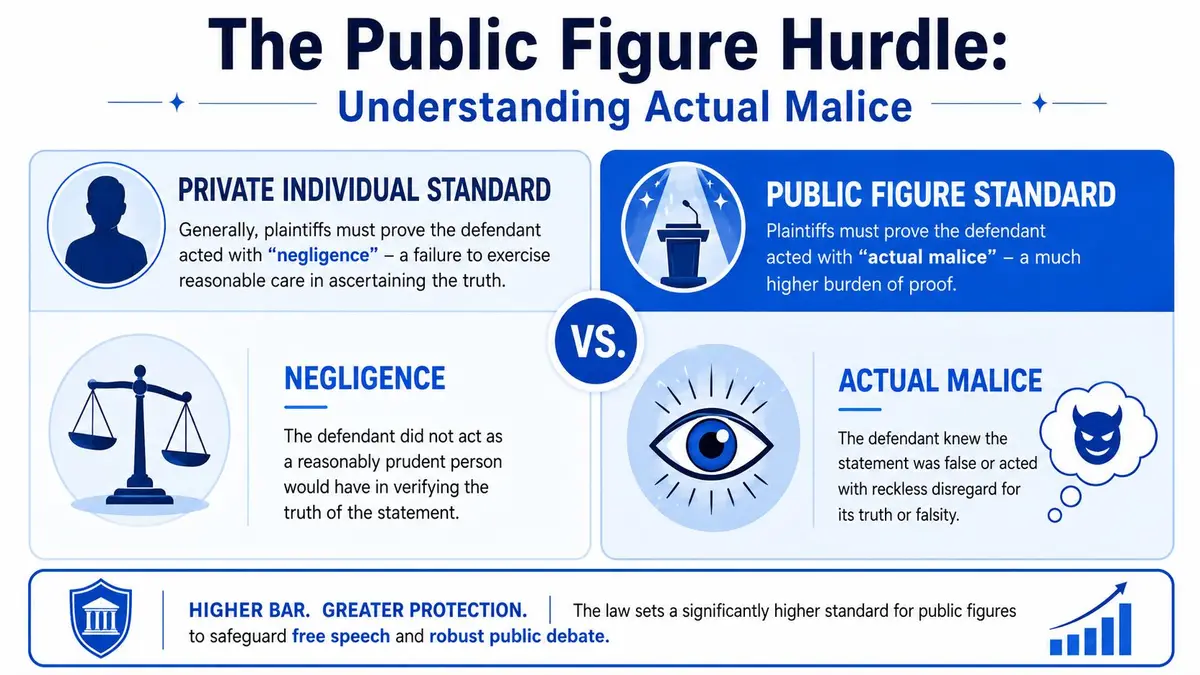 An infographic illustrating the difference between negligence for private individuals and actual malice for public figures.