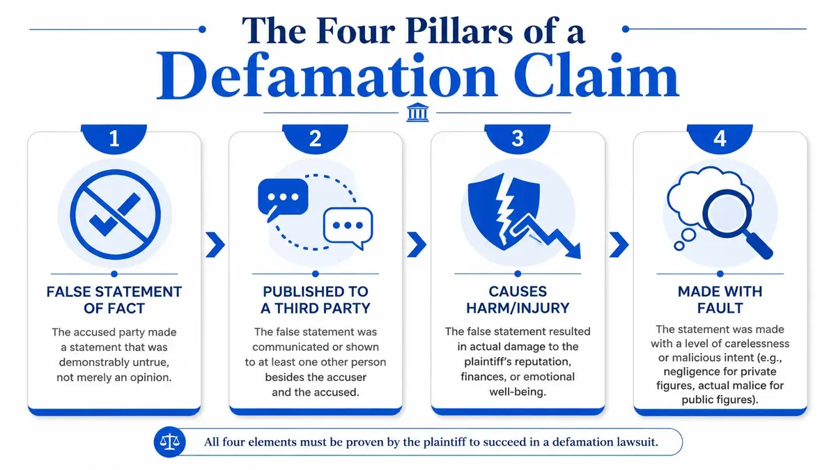 An infographic titled The Four Pillars of a Defamation Claim outlining the four legal requirements for defamation.