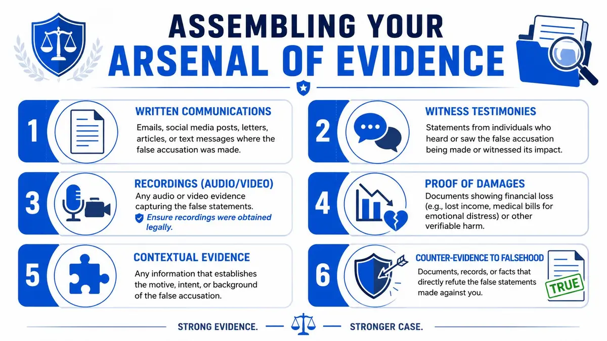 An infographic titled Assembling Your Arsenal of Evidence, listing six essential types of evidence for false accusations.