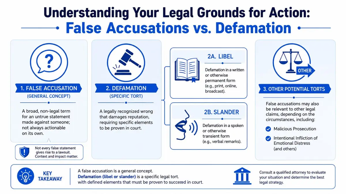 An infographic explaining the legal differences between general false accusations and the specific tort of defamation.
