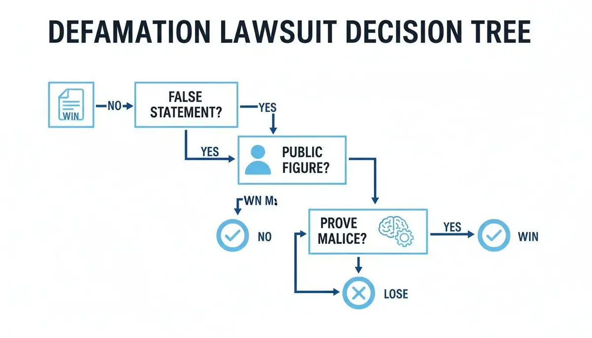 Flowchart illustrating the decision steps for a defamation lawsuit, leading to win or lose.
