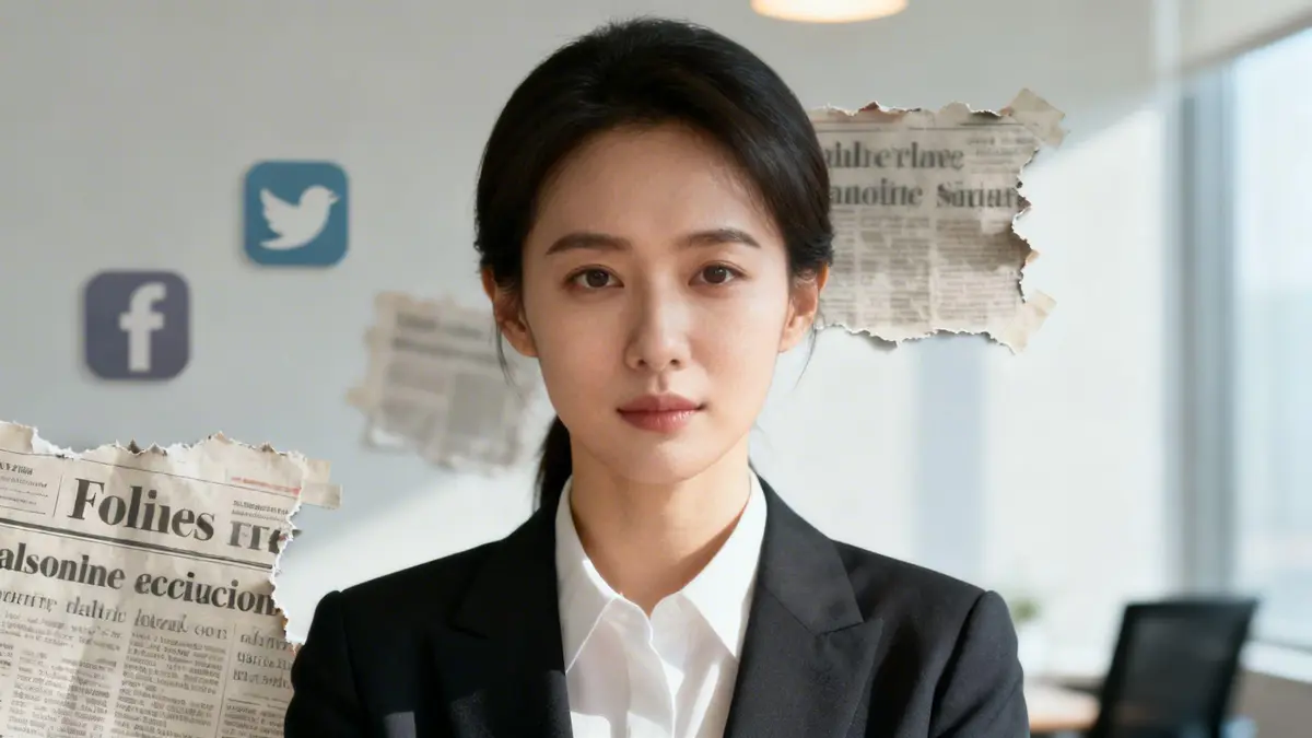 A professional Asian woman in a suit with social media icons and torn newspapers in the background.