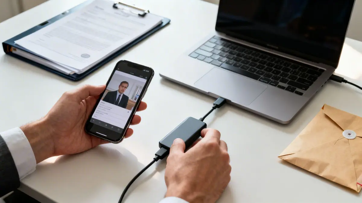 Person's hands holding a smartphone displaying a video call, connected to a laptop via a hub.