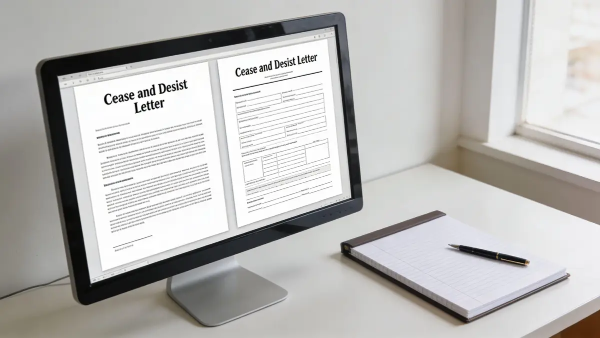 A computer monitor displaying a digital cease and desist letter template next to a notebook and pen.