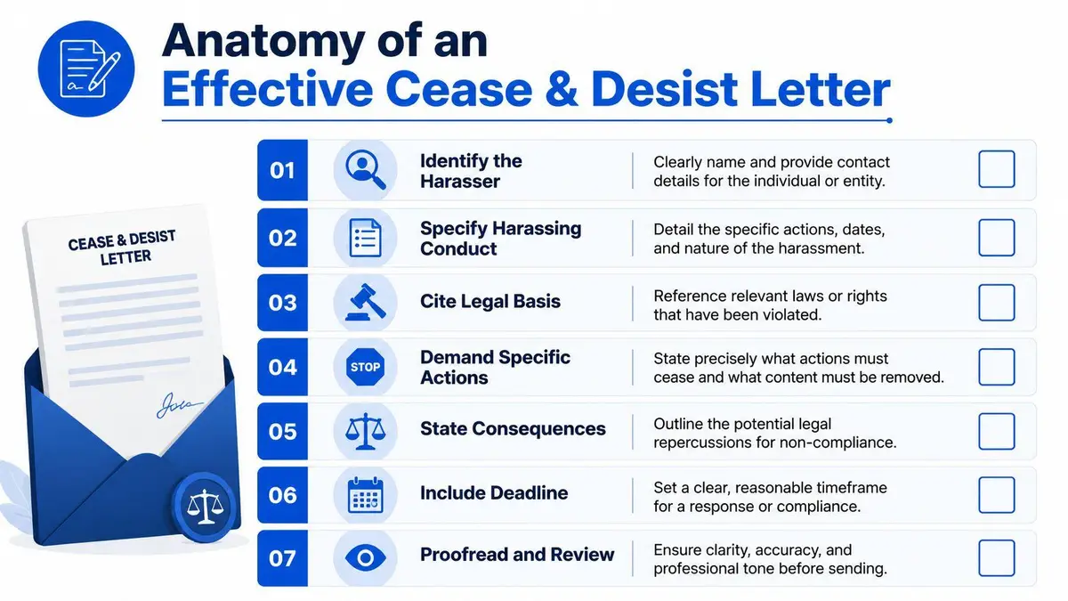 An infographic titled Anatomy of an Effective Cease and Desist Letter, outlining seven steps to stop harassment.