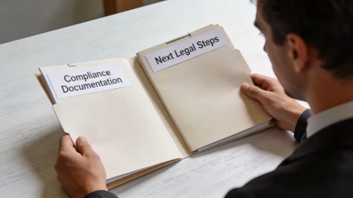 A professional man holding a folder with documents labeled Compliance Documentation and Next Legal Steps.