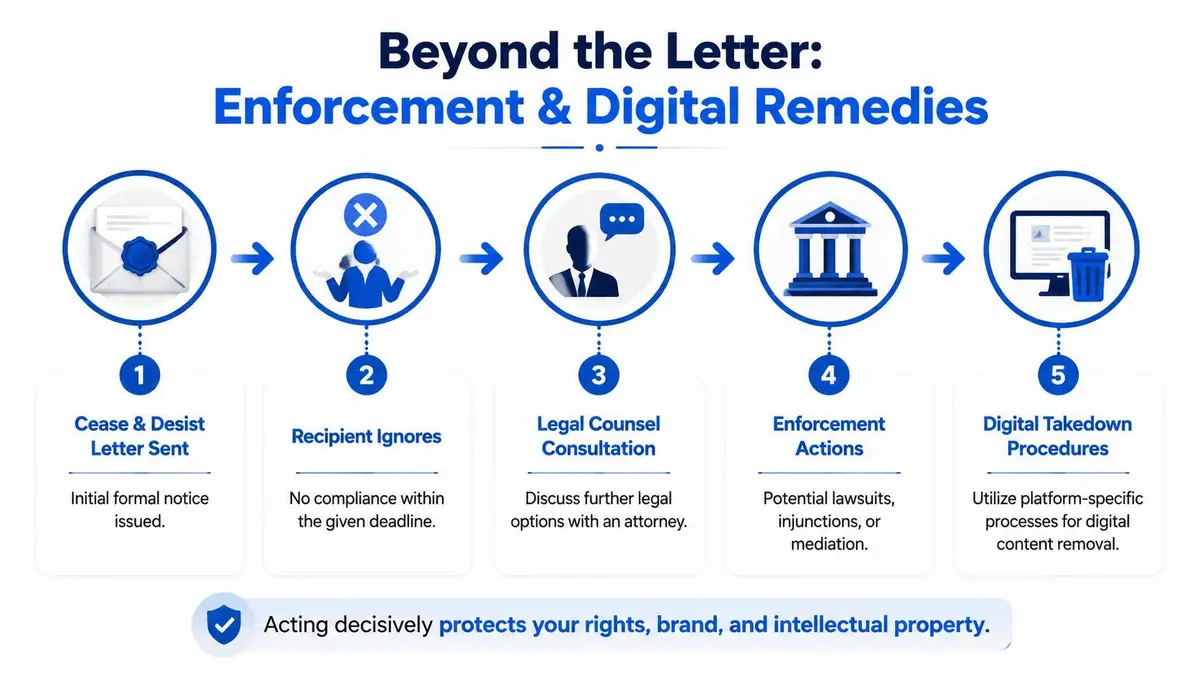 A five-step flowchart illustrating the process of enforcing a cease and desist letter through digital remedies.