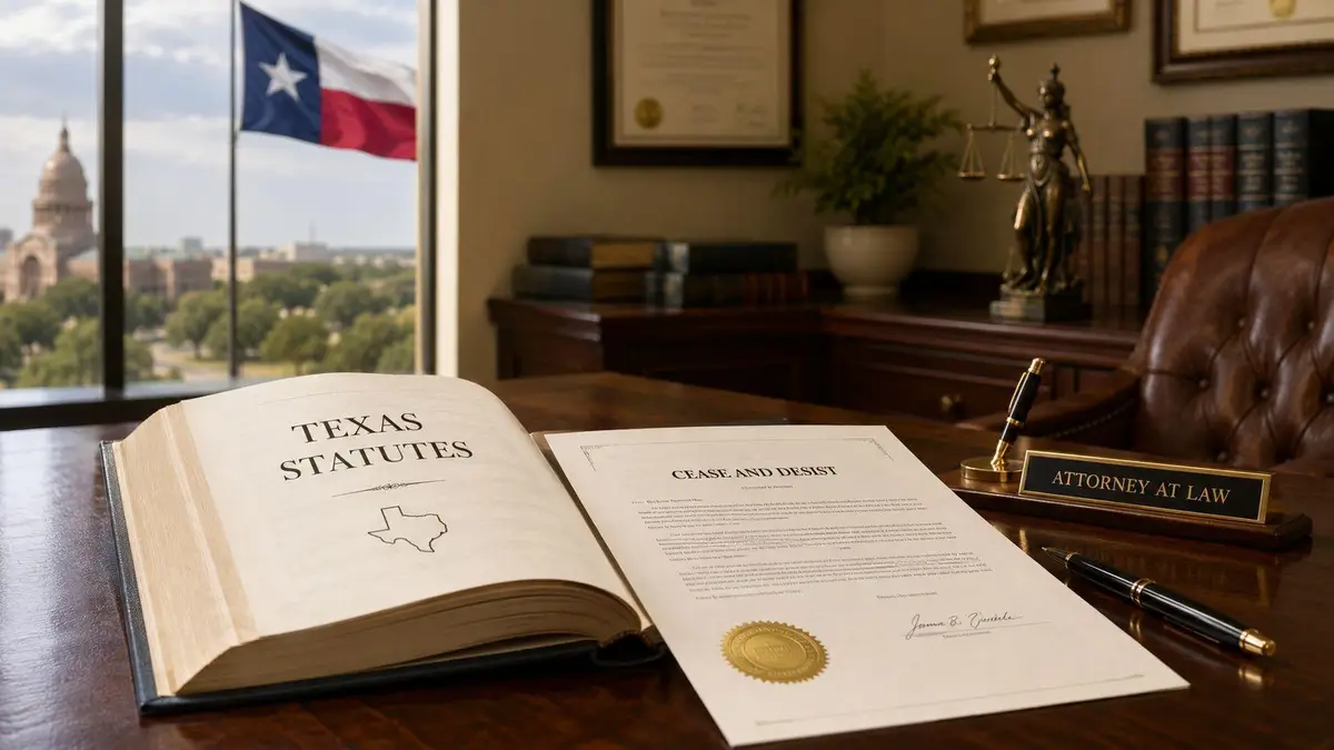 A legal office desk featuring a Texas Statutes book and a formal cease and desist letter.