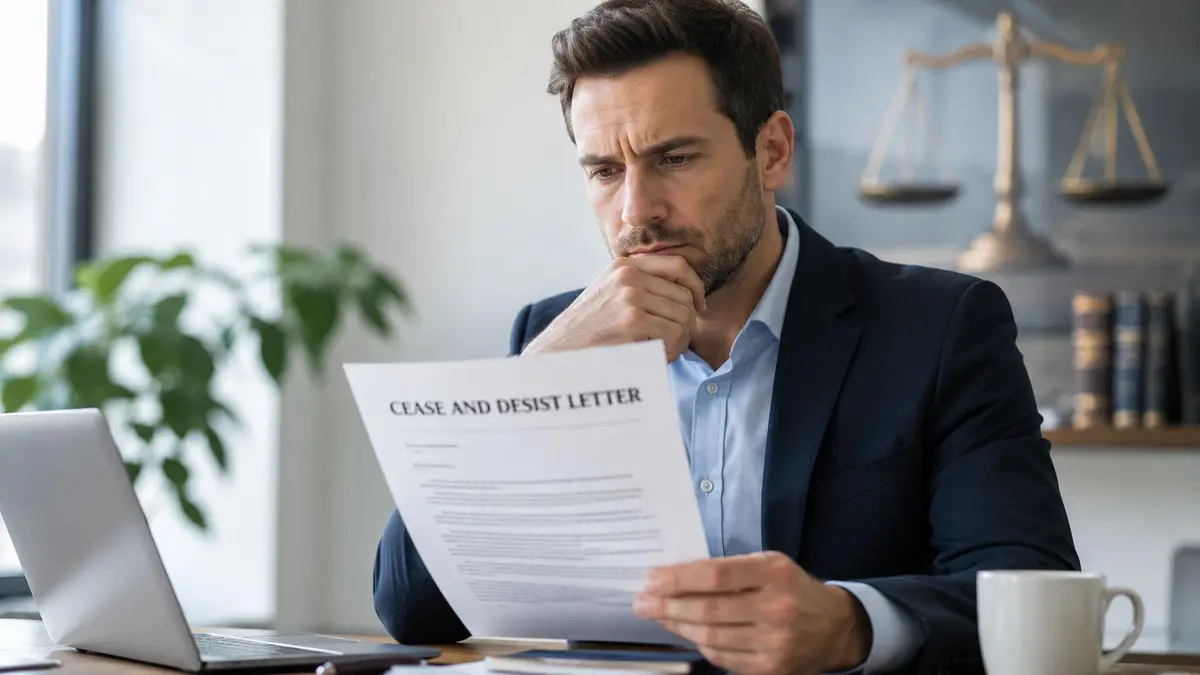A professional man in a business suit looking concerned while reading a cease and desist letter.