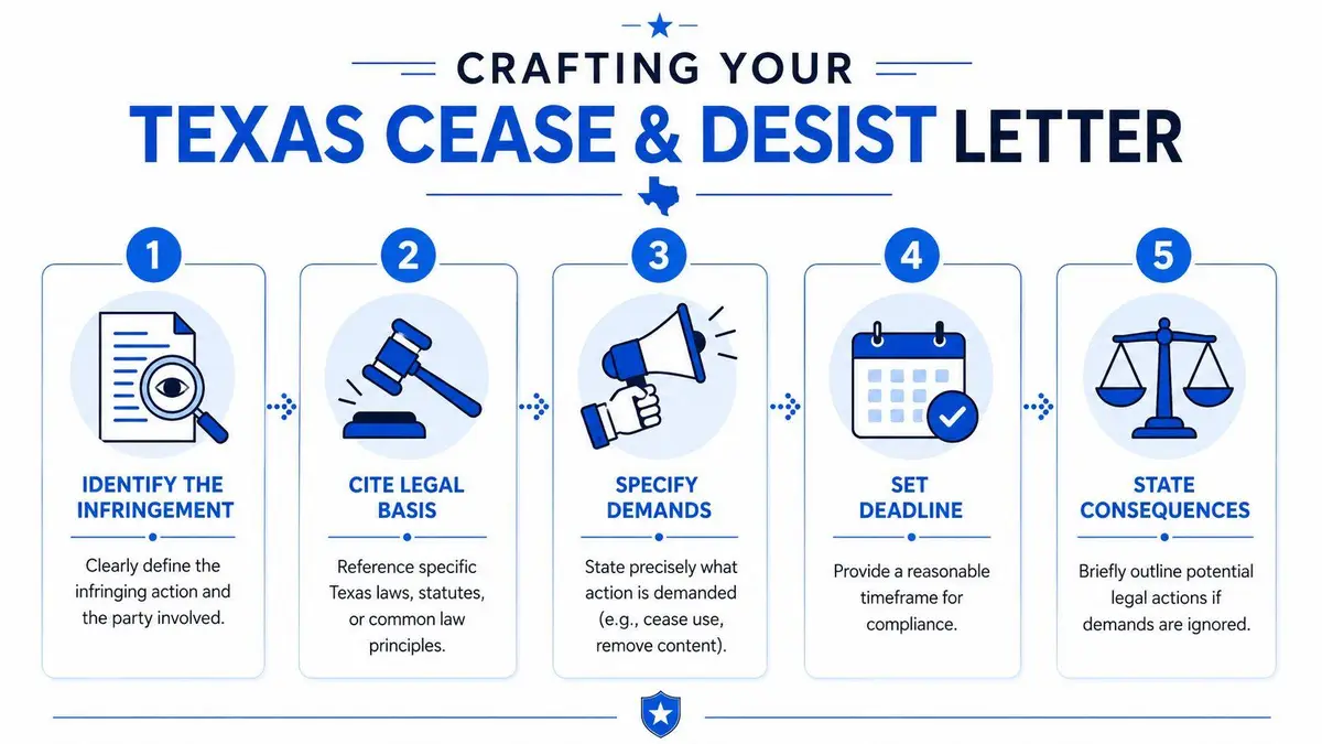 A five-step guide on how to craft a professional cease and desist letter in Texas.