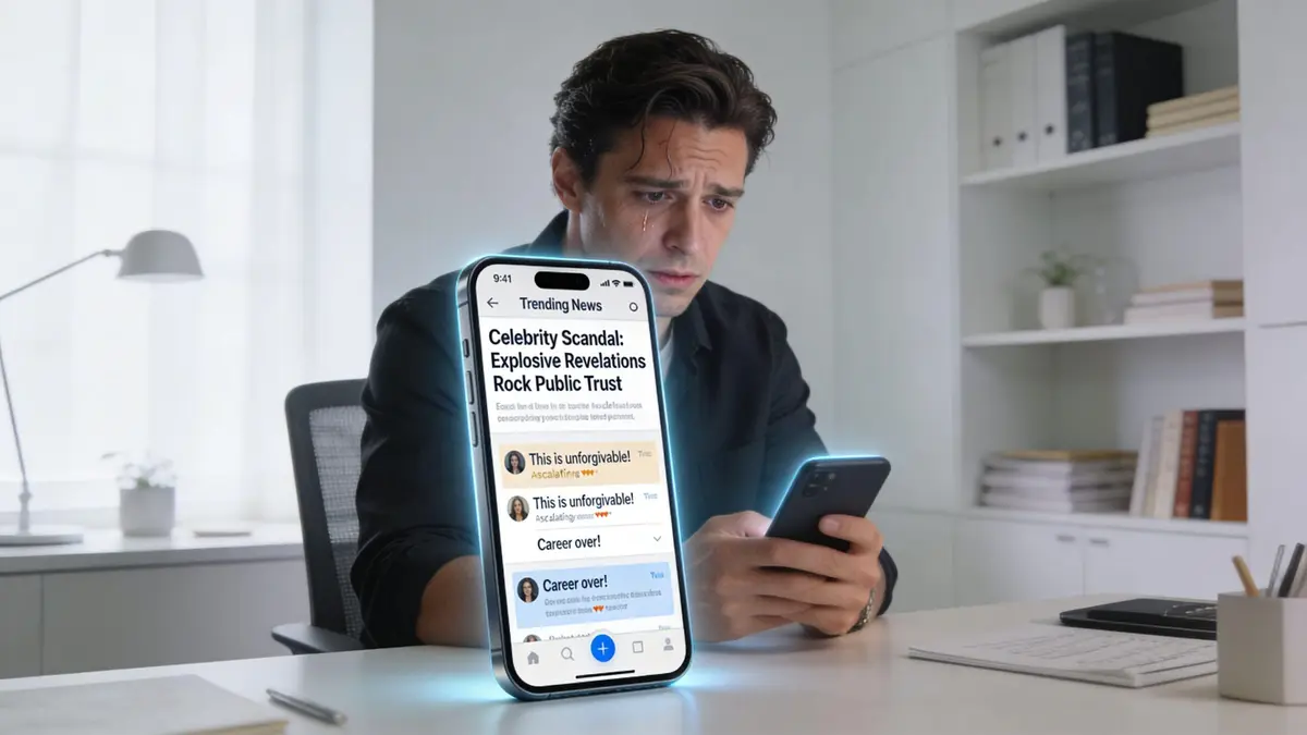 A distressed man looks at his phone while a large holographic display shows negative celebrity scandal headlines.